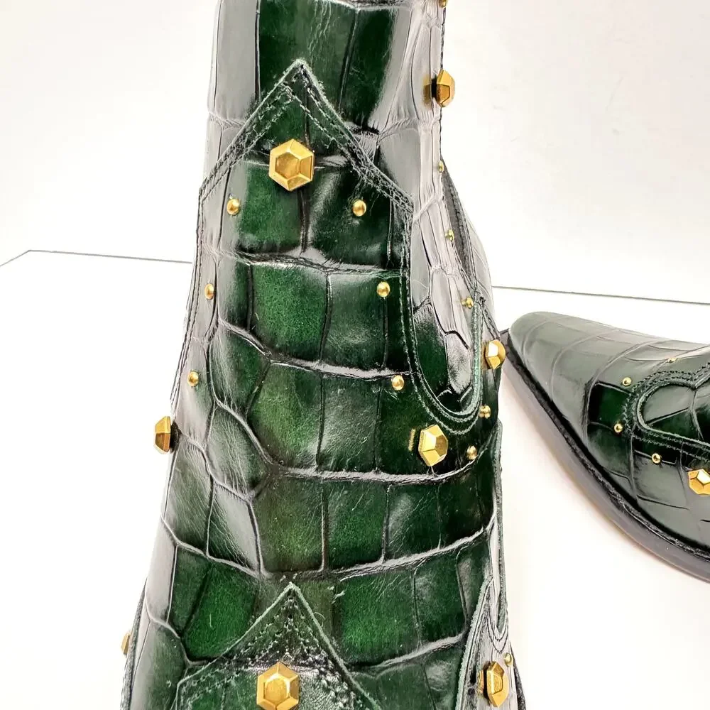 NEW Vince Camuto Norley Dark Green Crocodile Leather Gold Studded Ankle Booties